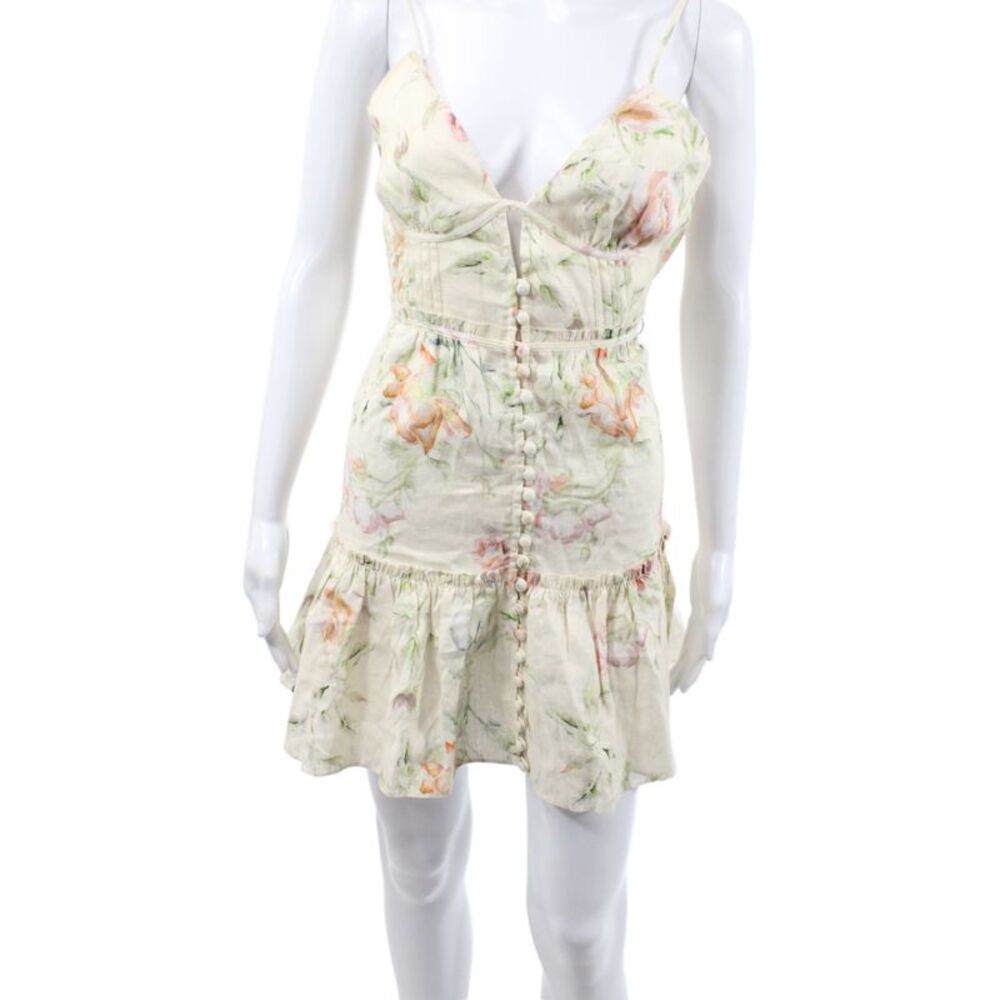 Love Shack Fancy Women Mini Ivory Linen V Neck Button Sleeveless Dress Size 10